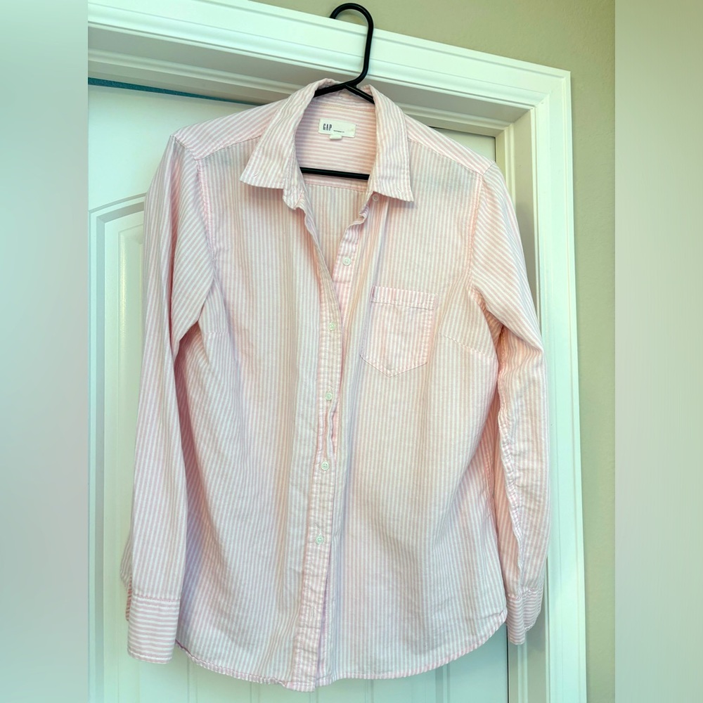 Light Pink and White Strip button down shirt.  Size L.